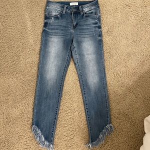 High rise side frayed jeans